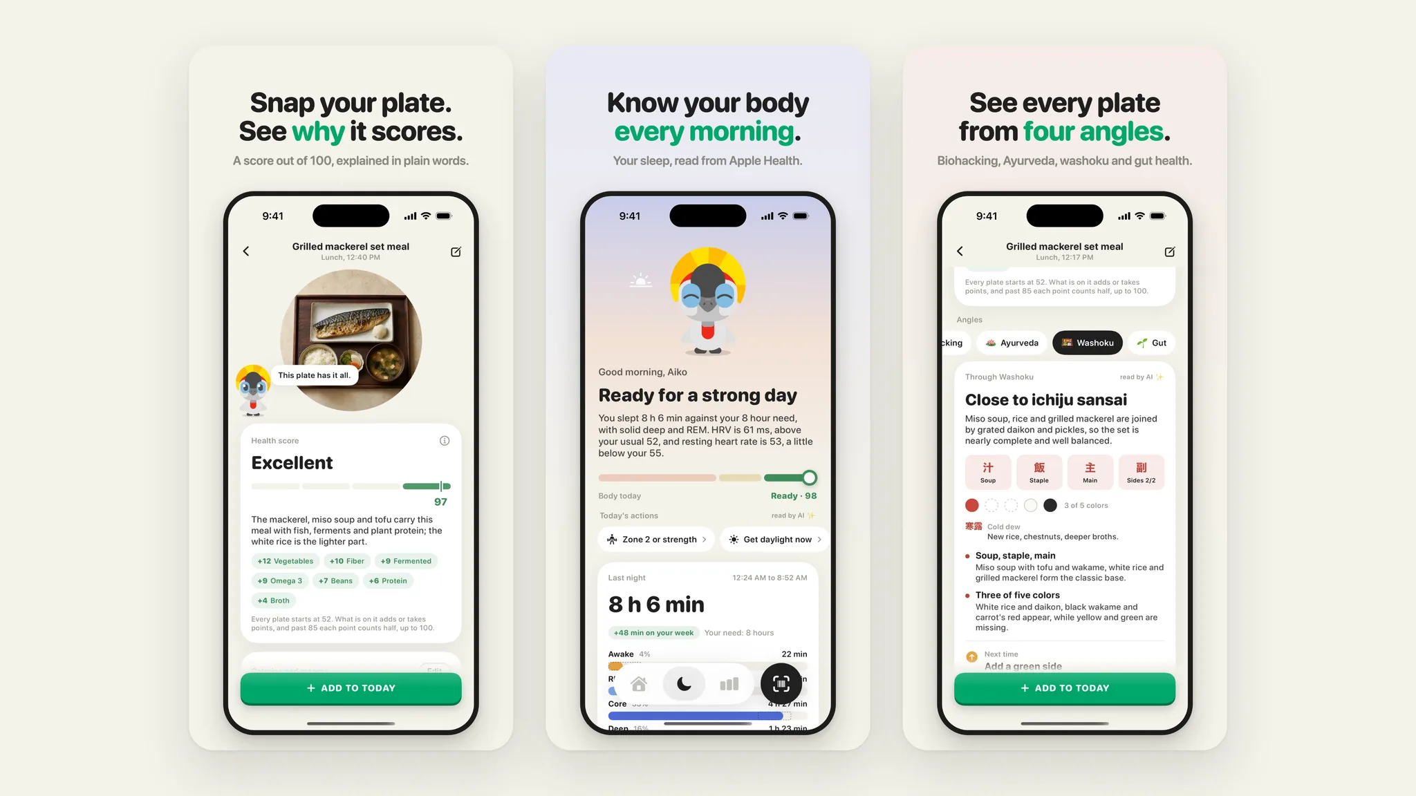 haku health app store screens: a plate scored with its reasons, a morning read from sleep, and a plate seen from four angles