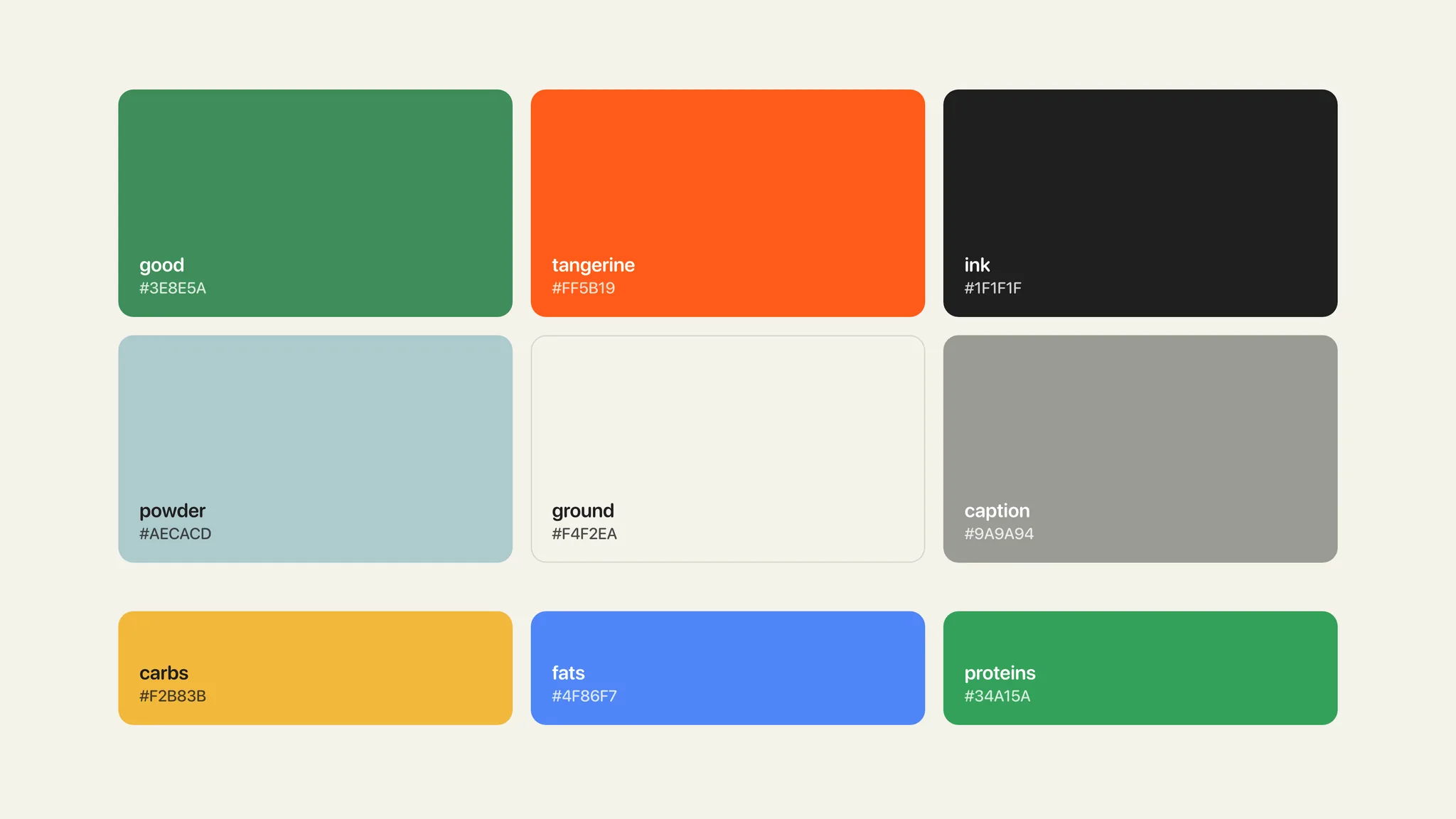 the haku health palette: good, tangerine, ink, powder, ground, caption, and the macro colors