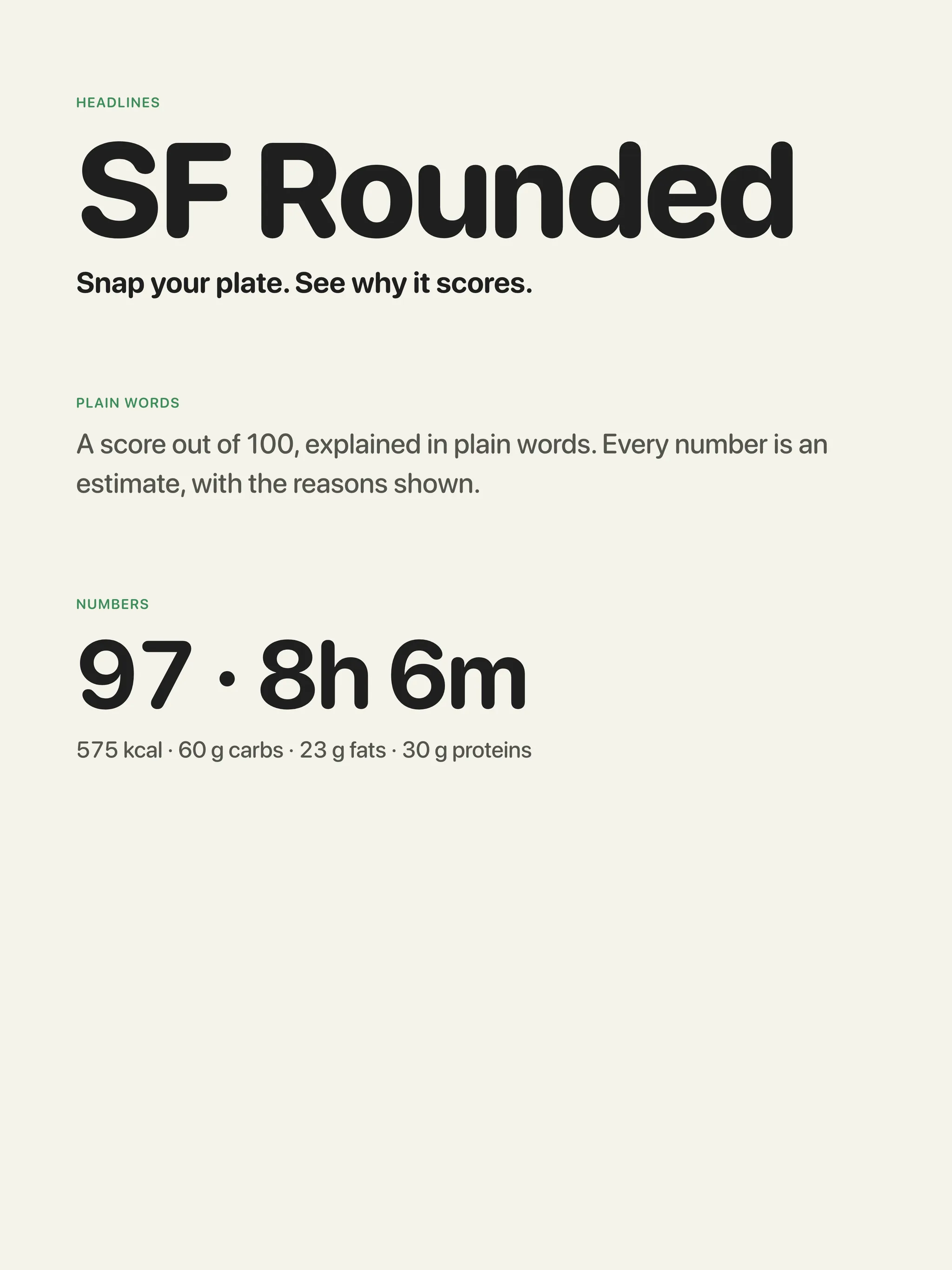 haku health type: SF Rounded for headlines, plain words, and numbers