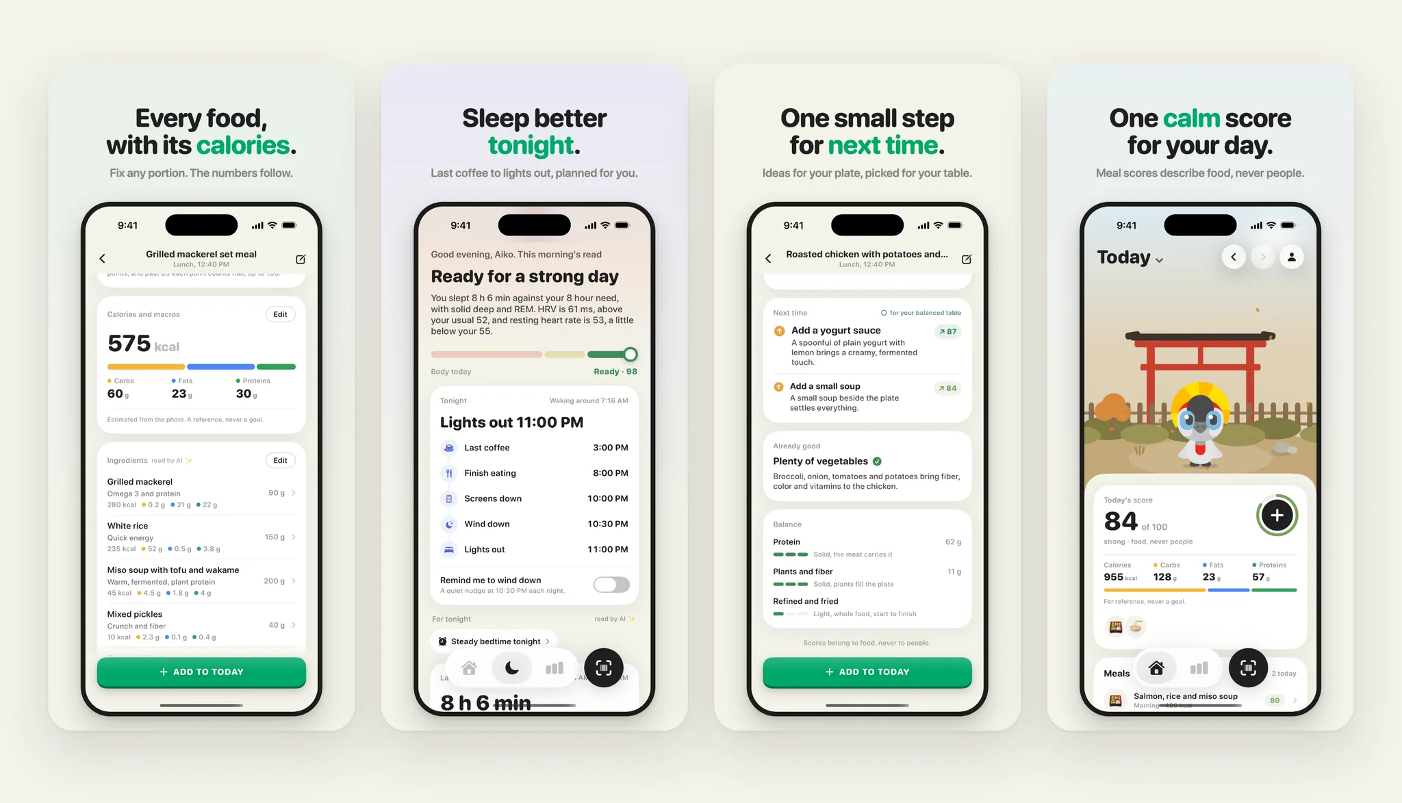 haku health screens: calories by food, a plan for tonight, ideas for next time, and the home score