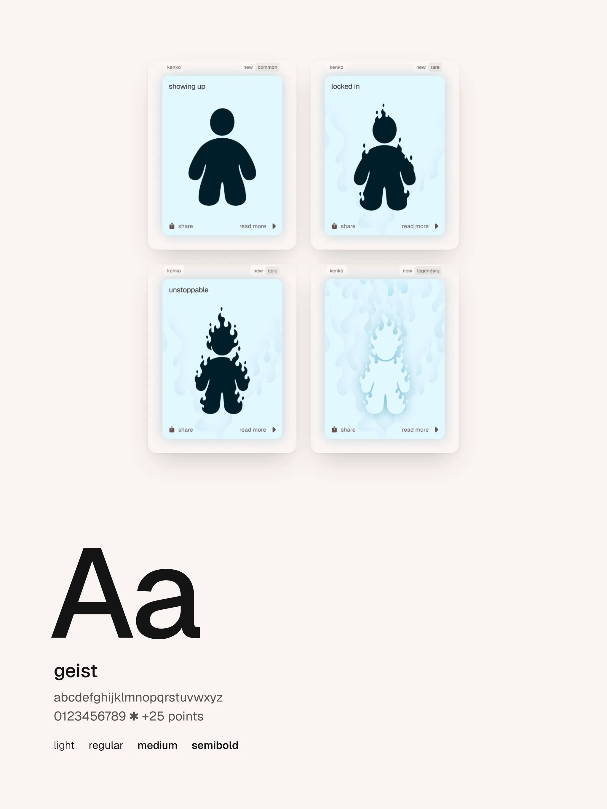 kenko collectible cards in four rarities, and the geist typeface