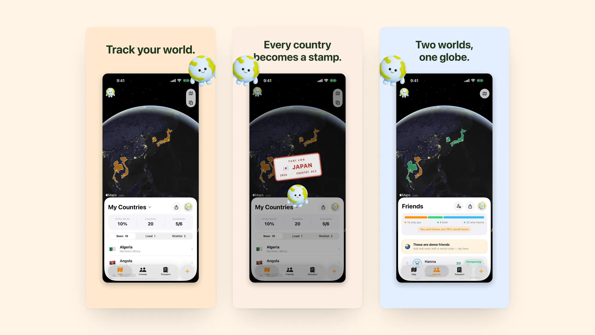 tabilog app store screens: track your world, every country becomes a stamp, two worlds on one globe