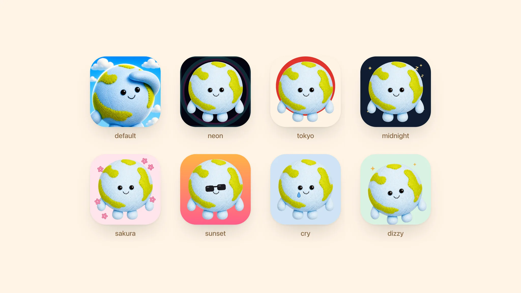 eight tabilog app icons: default, neon, tokyo, midnight, sakura, sunset, cry, and dizzy