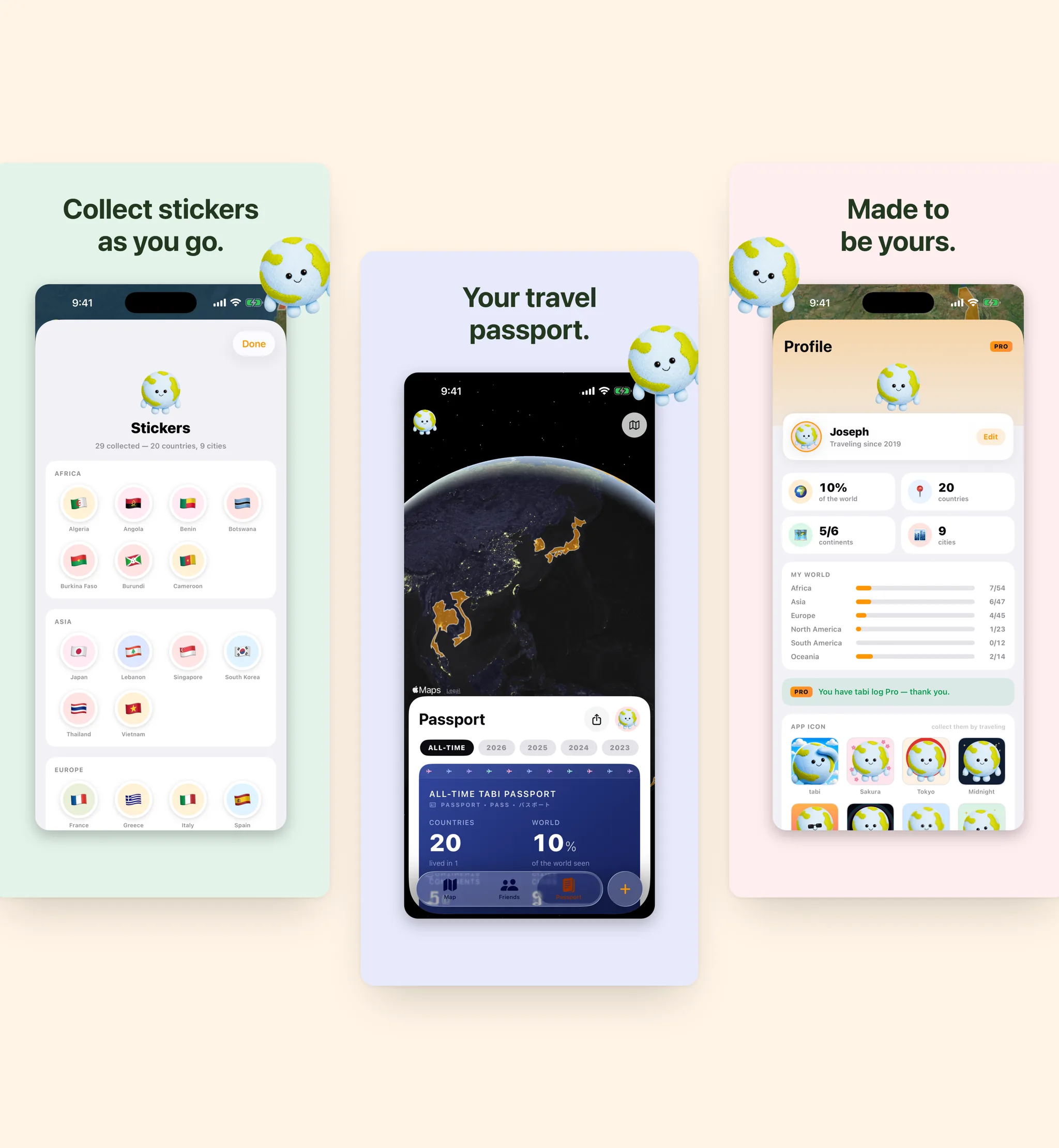 tabilog screens: stickers, passport, and profile