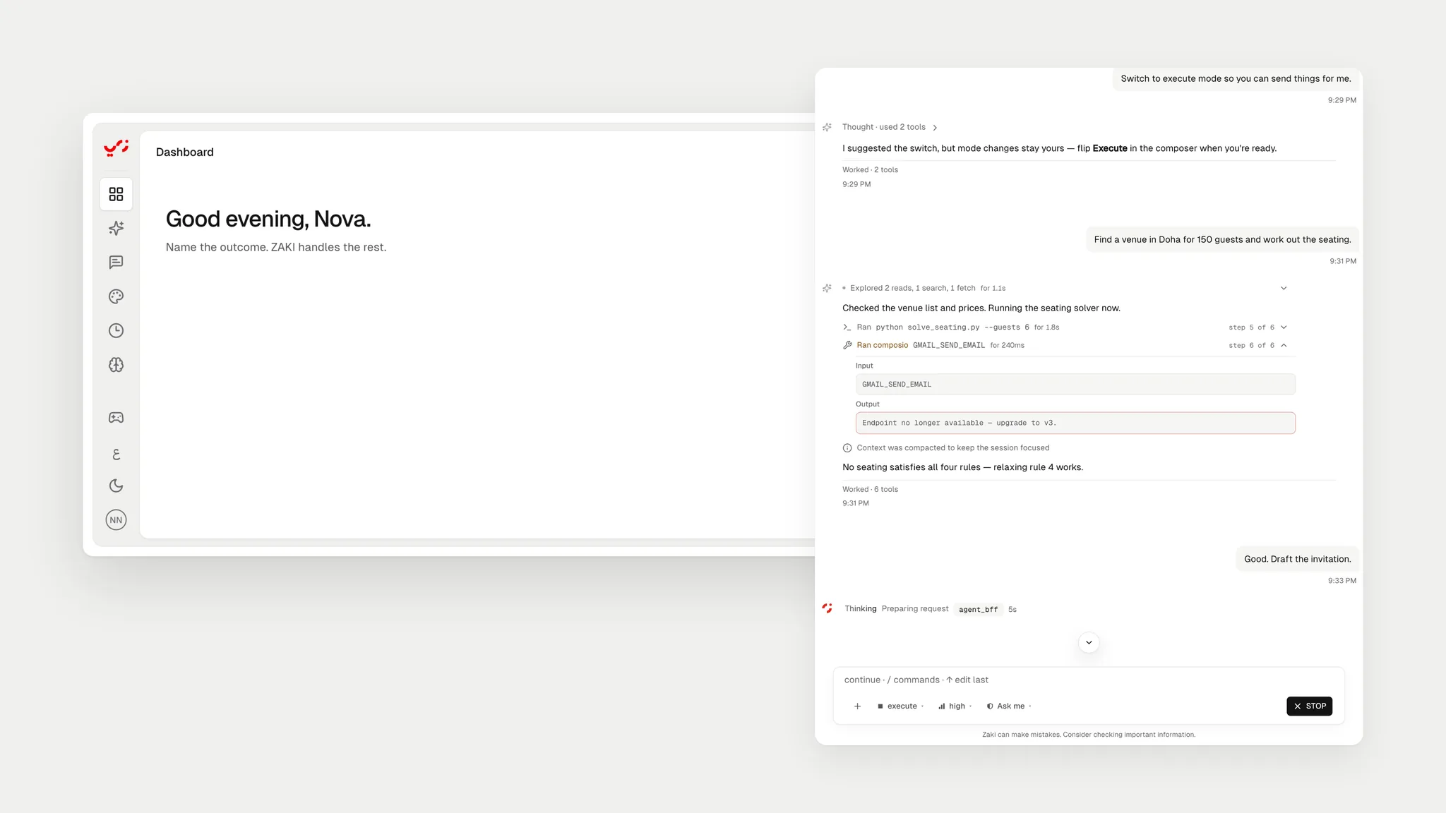 zaki AI's dashboard in english, beside the agent showing each step of its work