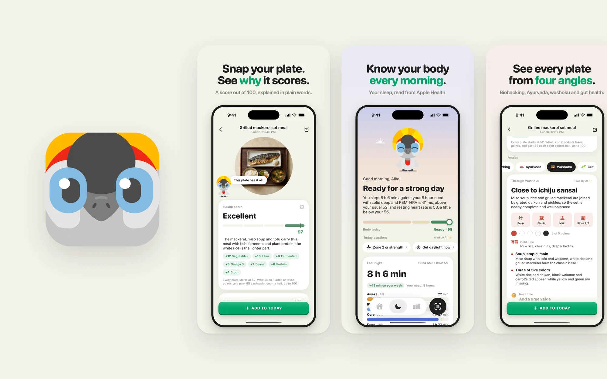 haku health: its app icon beside three screens: a plate scored with its reasons, a morning read from sleep, and a plate seen through washoku