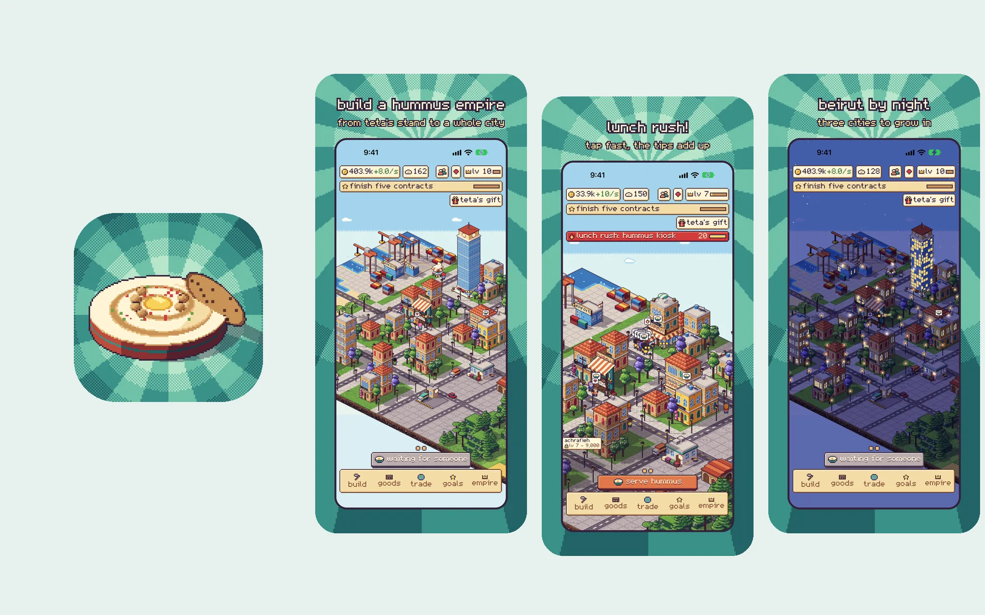 heyhummus: its app icon, a bowl of hummus, beside three screens: a pixel-art city of hummus shops, a lunch rush, and beirut by night