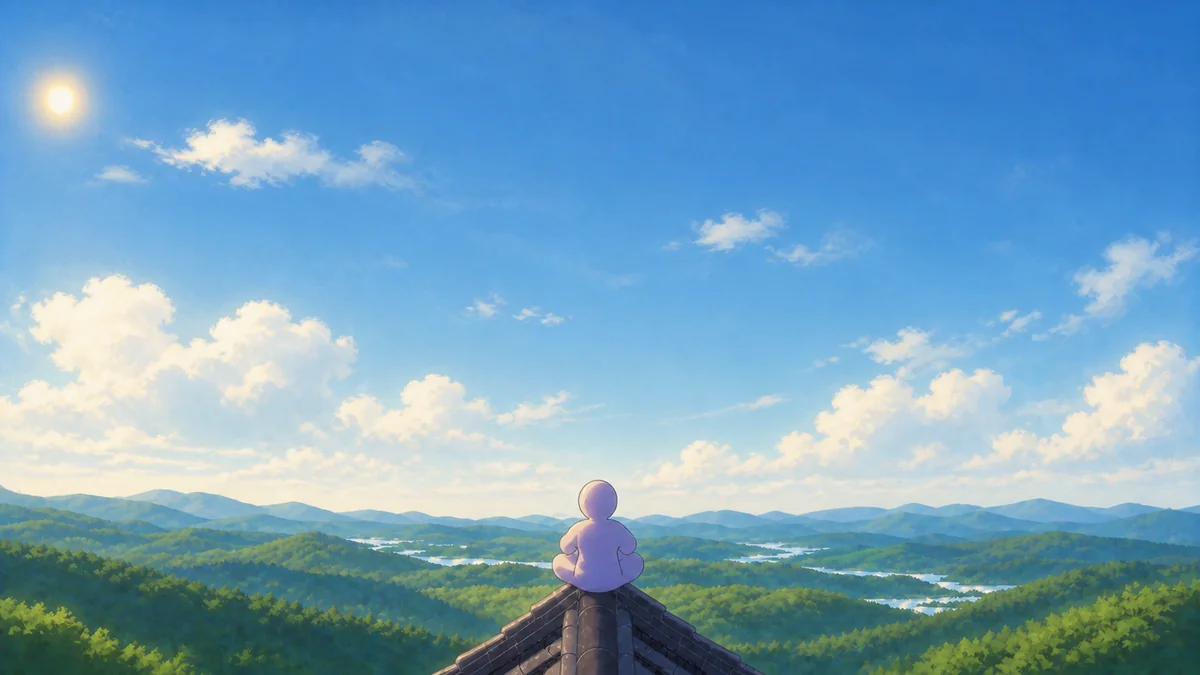 kenko AI website: a figure on a rooftop above a sea of hills
