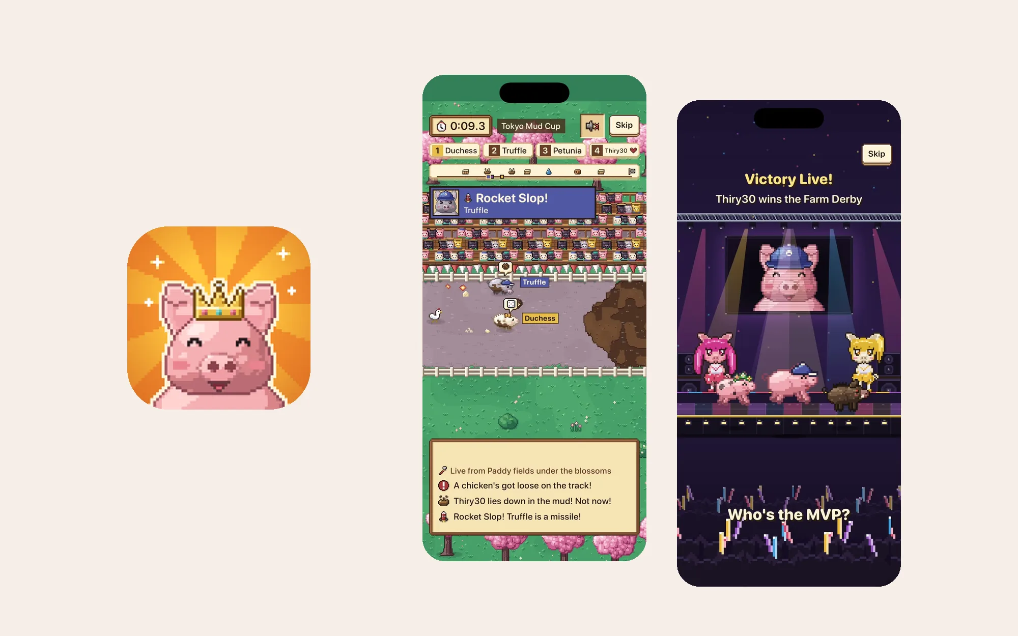 mvpig: its app icon, a pig in a crown, beside two screens from the game: the tokyo mud cup race and a victory show on stage