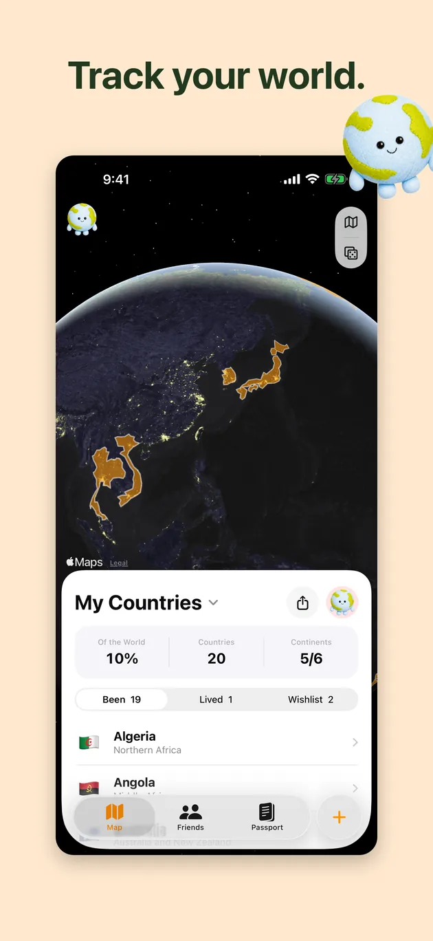 tabilog on a phone: your countries on a 3d globe