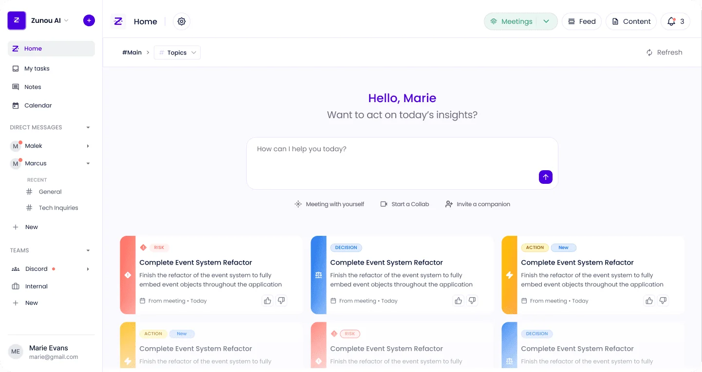 zunou AI workspace dashboard